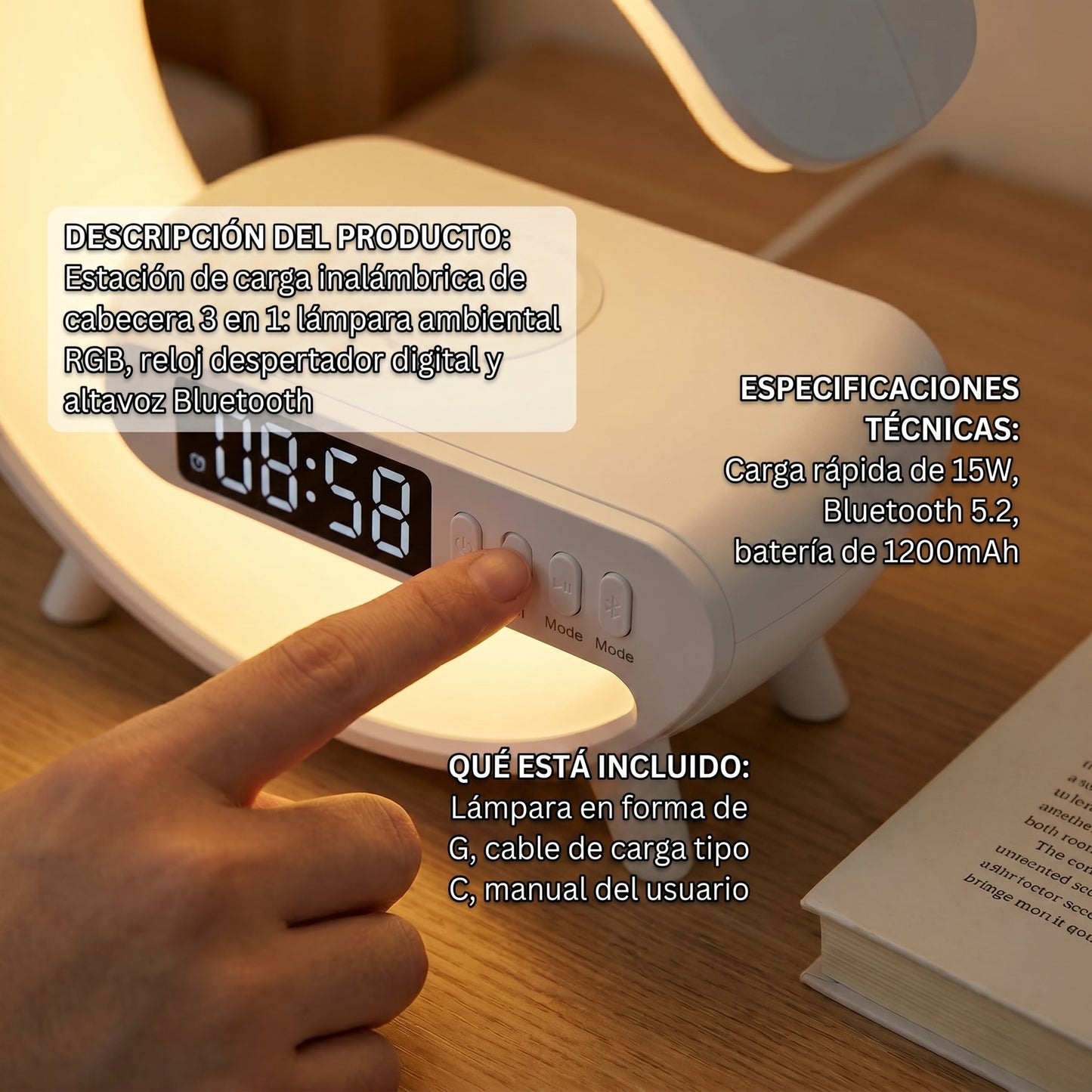 Reloj Despertador Multifuncional con Luz LED y Cargador Inalámbrico